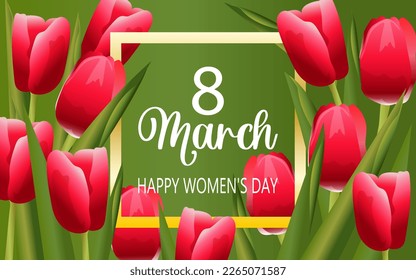 International Women's Day 8 March. Red tulips on a green horizontal background. Floral card for the spring holiday. Vector.