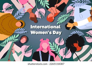 International Women's Day and 8 march. Multiethnic women and beautiful young girls  standing together with flower and leaves. Struggle for freedom, independence, equality. Vector templates for card.