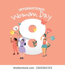 International Women's Day. 8 March posters design with lettering, womens, flowers and decorative elements. Ideal for print, postcard, social media, fashion ads, promo.