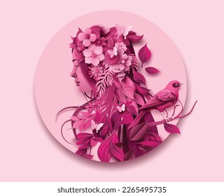 International Women's Day 8 march ,Woman with flowers in her hair and face profile , Paper art style.