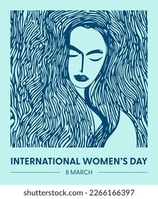 International Women's Day 8 March - Illustration of a woman with a lot of hair surrounding her. Can be used for beauty concept