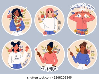 International women's day. 8 March. Sticker pack with girl power slogans and inspiration quotes