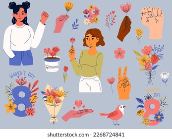 Día Internacional de la Mujer. 8 de marzo. Colección con lemas de poder de las chicas y citas de inspiración