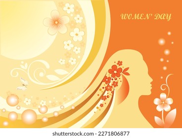 International Women's Day 8 March vector illustration concept. Girl face on background of the sun and floral pattern.Template for UI, web, banner or greeting card.