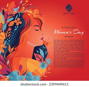 International Women's Day 8 march with frame of flower and leaves