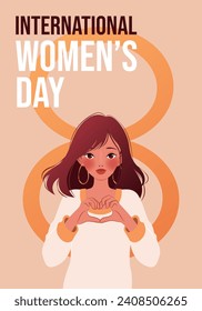 Día Internacional de la Mujer. 8 de marzo. Afiche con el número ocho y una joven mostrando signos de corazón. Inspirar la inclusión. Diseño vectorial moderno para afiches, campañas, publicaciones en medios sociales. 