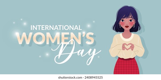 International Women's Day. 8 March. Inspire inclusion. Banner with young asian woman showing sign of heart. Modern vector design for poster, campaign, social media post. 