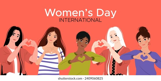 International Women's Day. 8 March. Banner with young diverse ethnicity women showing sign of heart with their hands. Vector design for poster, campaign, social media post. 