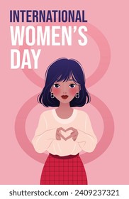 Día Internacional de la Mujer. 8 de marzo. Afiche con el número ocho y una joven asiática mostrando signos de corazón. Inspirar la inclusión. Diseño vectorial moderno para postales, afiches, campaña, publicación en medios sociales. 