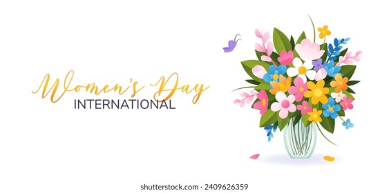 International Women's Day. 8 March. Banner with isolated vase and bouquet of various spring flowers on white background. Modern vector design for poster, campaign, social media post. 