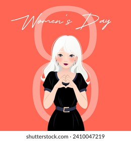 International Women's Day. 8 March. Poster with beautiful woman showing sign of heart. Inspire inclusion. Modern vector design for poster, campaign, social media post. 