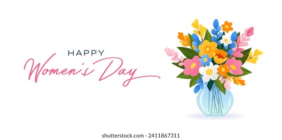 International Women's Day. 8 March. Banner with isolated vase and bouquet of various spring flowers on white background. Modern vector design for poster, campaign, social media post. 