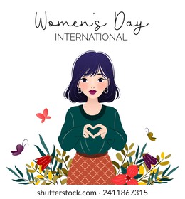 International Women's Day. 8 March. Banner with asian woman showing sign of heart. Spring flowers, herbs. Inspire inclusion. Modern vector design for postcard, poster, campaign, social media post. 