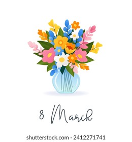 International Women's Day. 8 March. Banner, postcard with isolated vase and bouquet of various spring flowers on white background. Modern vector design for poster, campaign, social media post. 