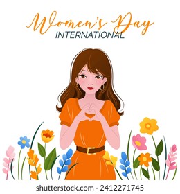International Women's Day. 8 March. Banner with young woman showing sign of heart. Spring flowers, herbs. Inspire inclusion. Modern vector design for postcard, poster, campaign, social media post. 