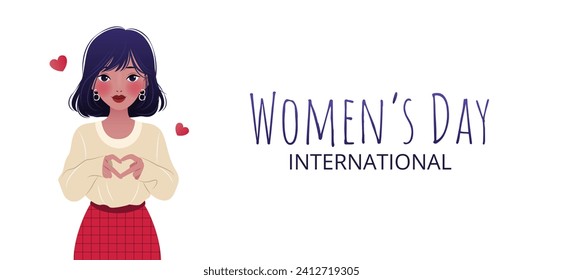 International Women's Day. 8 March. Inspire inclusion. Banner with young asian woman showing sign of heart on white background . Modern vector design for poster, campaign, social media post. 