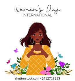 International Women's Day. 8 March. Banner with young woman showing sign of heart. Spring flowers, herbs. Inspire inclusion. Modern vector design for postcard, poster, campaign, social media post. 