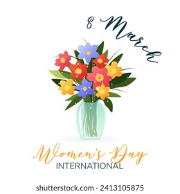 International Women's Day. 8 March. Banner, postcard with isolated vase and bouquet of various spring flowers on white background. Modern vector design for poster, campaign, social media post. 