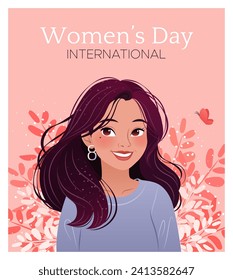 International Women's Day. 8 March. Portrait of cartoon woman with herbs. Young beautiful girl smiling. Design for poster, campaign, social media post, postcard. Vector illustration.