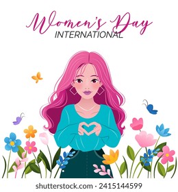 International Women's Day. 8 March. Banner with young woman showing sign of heart. Spring flowers, herbs. Inspire inclusion. Modern vector design for postcard, poster, campaign, social media post. 