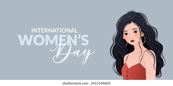International Women's Day. 8 March. Inspire inclusion. Banner with beautiful woman with long hair. Modern vector design on gray background with text for poster, campaign, social media post.