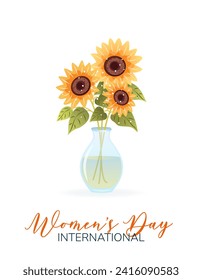 International Women's Day. 8 March. Banner, postcard with isolated bouquet of sunflowers in vase. Flowers on white background. Modern vertical vector design for poster, campaign, social media post. 