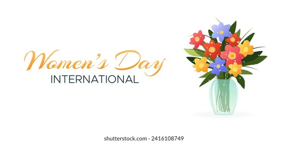 International Women's Day. 8 March. Banner with isolated vase and bouquet of various spring flowers on white background. Modern vector design for poster, campaign, social media post. 