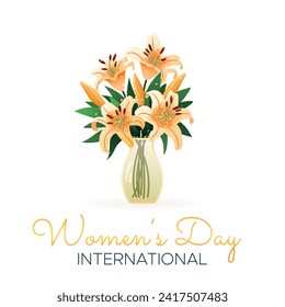 International Women's Day. 8 March. Banner, postcard with isolated bouquet of lilies in vase. Flowers on white background. Modern vertical vector design for poster, campaign, social media post. 
