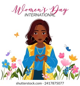 International Women's Day. 8 March. Banner with young woman showing sign of heart. Spring flowers, herbs. Inspire inclusion. Modern vector design for postcard, poster, campaign, social media post. 