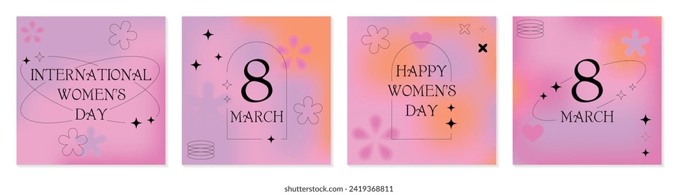 International Women's Day. 8 March banner, set greeting card. Trendy gradients, blurry shapes, typography, y2k, linear forms. Minimalist design for party, ads, cover, social media templates