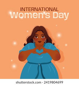 Día Internacional de la Mujer. 8 de marzo. Inspirar la inclusión. Cartel con mujer india mostrando signos de corazón. Diseño vectorial moderno para afiches, campañas, publicaciones en medios sociales. Movimiento positivo corporal.