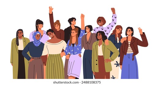 International womens day, 8 March. Female group, feminists support equality. Different happy girls are together. Multiethnic sisterhood community greeting. Flat isolated vector illustration on white