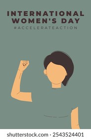 International Womens Day 8 march poster. Campaign 2025 AccelerateAction. Woman showing strength in her hand. Faceless female avatar. Flat vector illustration