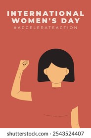 International Womens Day 8 march poster. Campaign 2025 AccelerateAction. Woman with bob showing strength in her hand. Faceless female avatar. Flat vector illustration