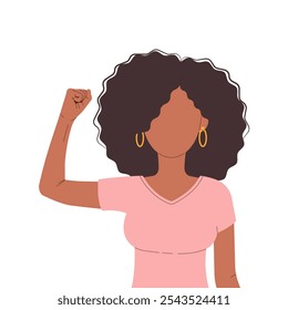 International Womens Day 8 march. Campaign 2025 AccelerateAction. Curly woman showing strength in her hand. Faceless female avatar. Flat vector illustration on white background