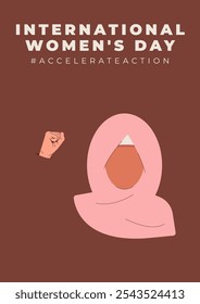 International Womens Day 8 march poster. Campaign 2025 AccelerateAction. Woman in hijab showing strength in her hand. Faceless female avatar. Flat vector illustration