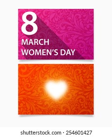 International Women's Day, 8 March. Flat Style Design with Floral Pattern and Glow Heart. Holiday Card Template for Spring Holiday Design.