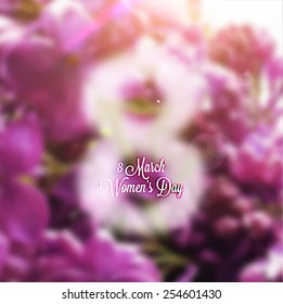 International Women's Day, 8 March. Smooth Background with Flowers, Blurred Digit 8 and Label for Holiday Design.