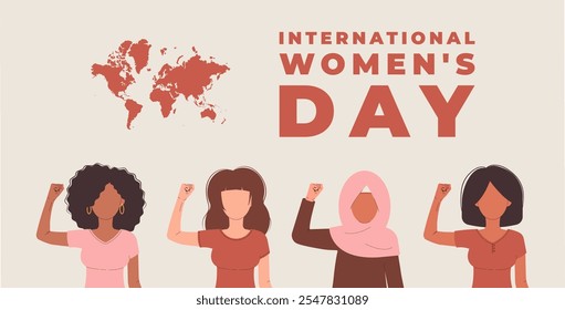 International Womens Day 8 march card. Campaign 2025 AccelerateAction. Women in different ethnicity, age, hair color and more showing strength in their hand. Flat vector illustration