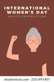 International Womens Day 8 march card. Campaign 2025 AccelerateAction. Woman in glasses showing strength in her hand. Faceless female avatar. Flat vector illustration