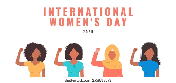 International Womens Day 8 march banner. 2025 AccelerateAction. Group of women in different ethnicity,age,hair color and more showing strength in their hand. Vector illustration