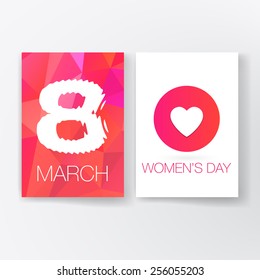 International Women's Day, 8 March. Flat Style Design with triangle Pattern and Glow Heart. Holiday Card.