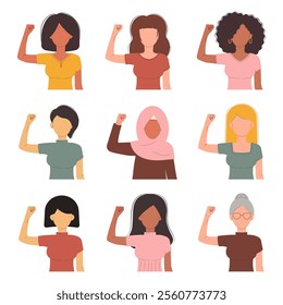 International Womens Day 8 march. Campaign 2025 AccelerateAction. Group of women in different ethnicity,age,hair color,more showing strength in their hand. Flat faceless vector illustration