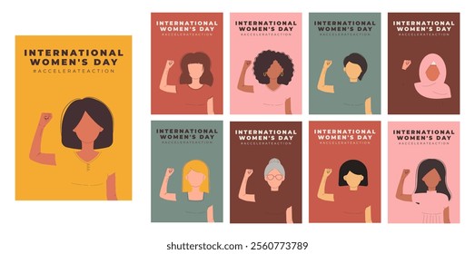 International Womens Day 8 march poster. Campaign 2025 AccelerateAction. Woman showing strength in her hand. Faceless female avatar. Flat vector set