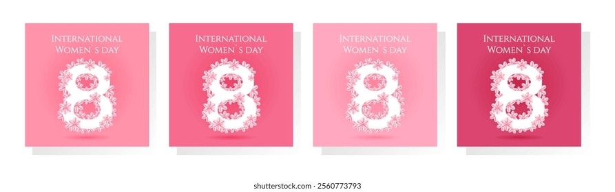 International Womens day 8 march card set. Number 8 and flowers in pink colors. Flat vector illustration
