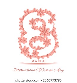 International Womens day 8 march banner. Card with number 8 and flowers. Flat vector illustration on white background