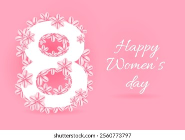 International Womens day 8 march card. Banner with number 8 and flowers. Flat vector illustration pink colors