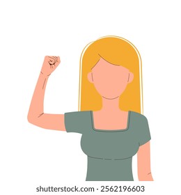 International Womens Day 8 march. Campaign 2025 AccelerateAction. Blonde woman showing strength in her hand. Faceless female avatar. Flat vector illustration on white background