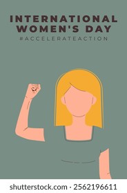 International Womens Day 8 march poster. Campaign 2025 AccelerateAction. Blonde woman showing strength in her hand. Faceless female avatar. Flat vector illustration