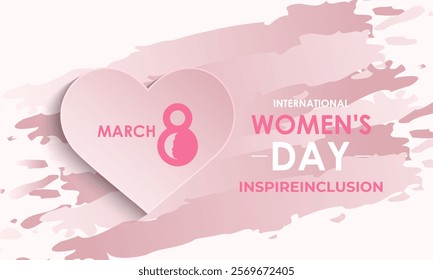 International Women's Day 8 march with love icon and gradient circle. Women silhouette head isolated white and pink background. Design for banner, cards, prints, social media, poster, flyer.